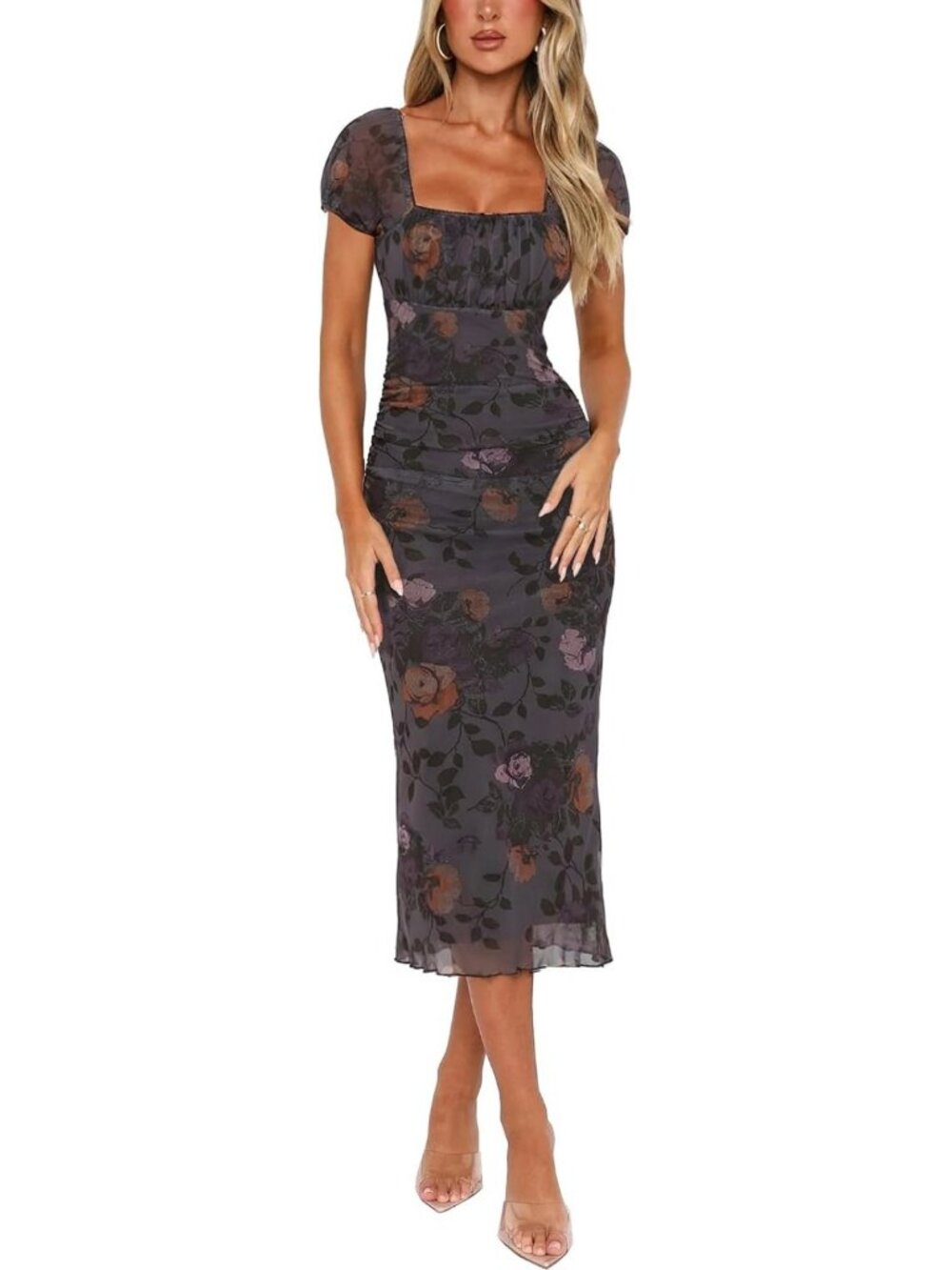 Floral Summer Midi Dress - Casual Square Neck, Ruched Short Sleeve, Beach